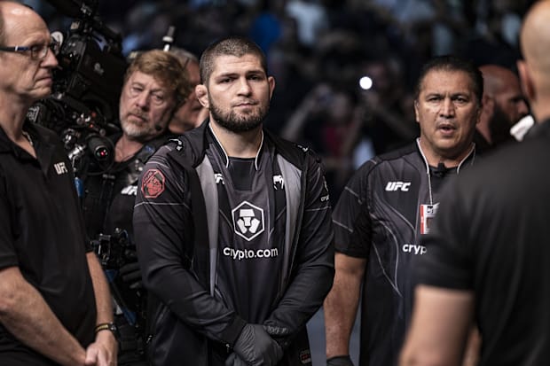 Khabib Nurmagomedov is seen before the fight between Abubakar Nurmagomedov and Gadzhi Omargadzhiev.