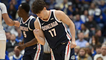 Dec 5, 2025; Nashville, TN, USA;  Gonzaga Bulldogs guard Mario Saint-Supery (17) reacts after a made three point basket against the Kentucky Wildcats during the first half at Bridgestone Arena. Mandatory Credit: Steve Roberts-Imagn Images