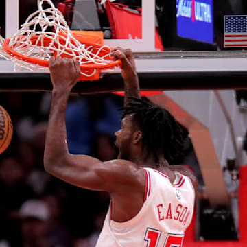 Dec 26, 2023; Houston, Texas, USA; Houston Rockets forward Tari Eason (17) dunks against the Indiana Pacers