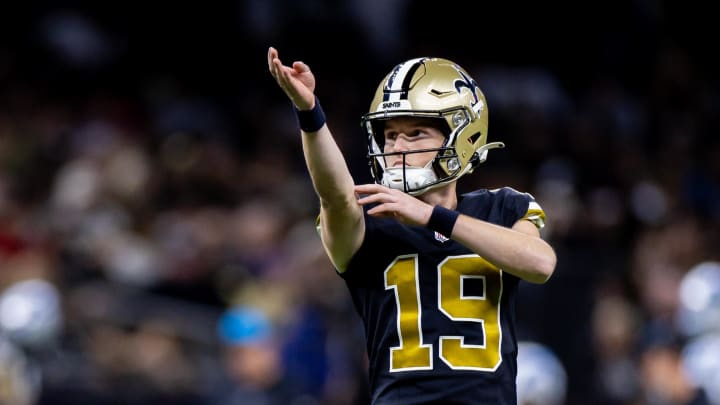 Dec 10, 2023; New Orleans, Louisiana, USA; New Orleans Saints place kicker Blake Grupe (19) lines up a field goal attempt against the Carolina Panthers during the first half at the Caesars Superdome. 