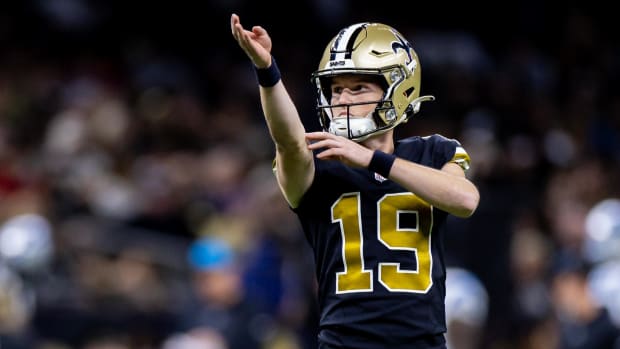 New Orleans Saints place kicker Blake Grupe (19) lines up a field goal attempt against the Carolina Panthers 