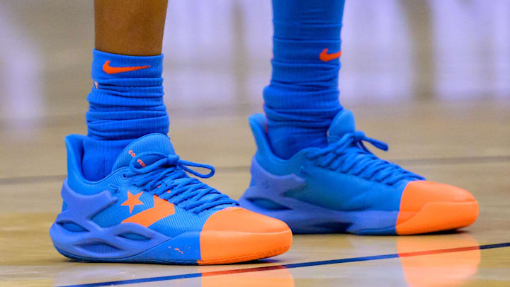 Dec 7, 2024; New Orleans, Louisiana, USA; Oklahoma City Thunder guard Shai Gilgeous-Alexander (2) shoes are seen against the New Orleans Pelicans at Smoothie King Center. Dec 7, 2024; New Orleans, Louisiana, USA; Oklahoma City Thunder guard Shai Gilgeous-Alexander (2) shoes are seen against the New Orleans Pelicans at Smoothie King Center.