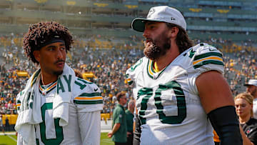Green Bay Packers quarterback Jordan Love (10) and offensive lineman Royce Newman (70) walk off of the field after an NFL preseason game against the Baltimore Ravens on Saturday, August 24, 2024, at Lambeau Field in Green Bay, Wis. The Packers won the game, 30-7.
Tork Mason/USA TODAY NETWORK-Wisconsin