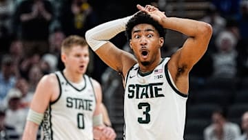 Michigan State guard Jaden Akins (3) reacts to a personal foul against Wisconsin during the second half of Big Ten Tournament semifinal at Gainbridge Fieldhouse in Indianapolis, Ind. on Saturday, March 15, 2025.