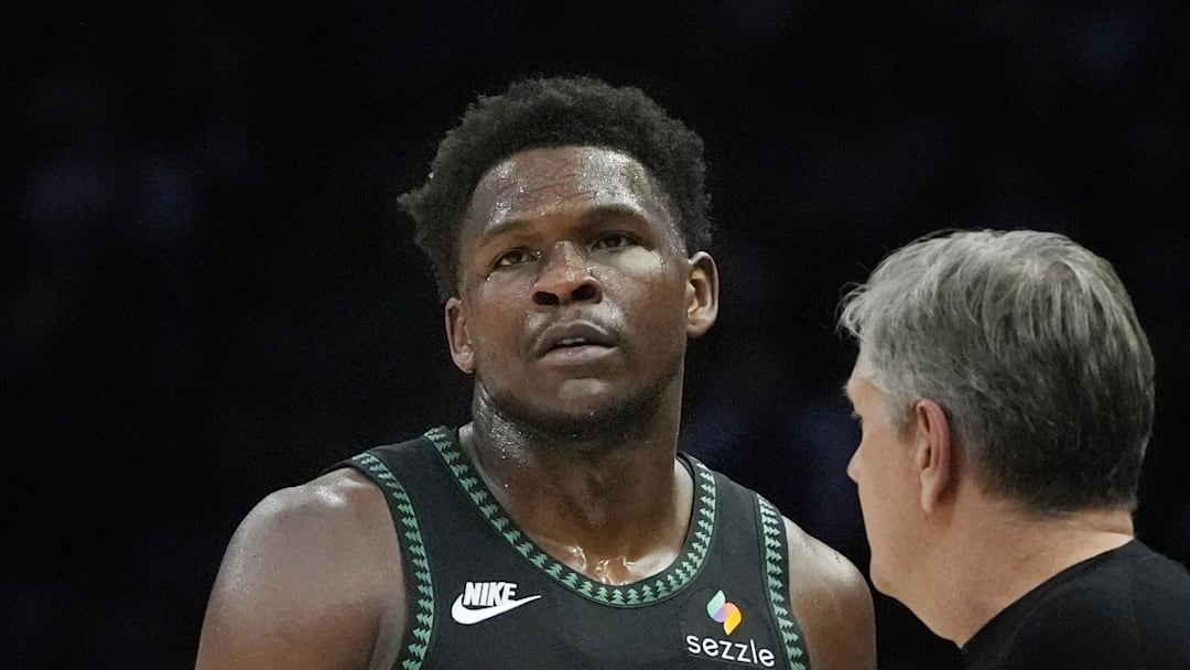 Jan 6, 2026; Minneapolis, Minnesota, USA; Minnesota Timberwolves guard Anthony Edwards (5) goes to the bench after fouling the Miami Heat in the first quarter at Target Center. Mandatory Credit: Bruce Kluckhohn-Imagn Images