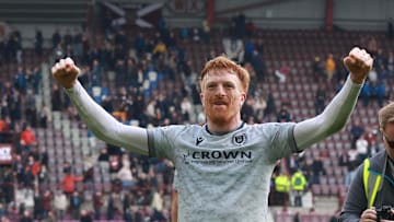 26th April 2025; Tynecastle Park, Edinburgh, Scotland: Scottish Premiership Football, Hearts versus Dundee; Simon Murray of Dundee celebrates at the end of the match.