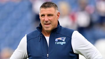 Oct 19, 2025; Nashville, Tennessee, USA; New England Patriots head coach Mike Vrabel looks on before the game between the New England Patriots and Tennessee Titans at Nissan Stadium. Mandatory Credit: Steve Roberts-Imagn Images