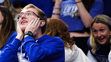 Oct 23, 2024; Lexington, KY, USA; A Kentucky Wildcats fan reacts after a three point basket is made during the second half against the Kentucky Wesleyan Panthers at Rupp Arena at Central Bank Center. Mandatory Credit: Jordan Prather-Imagn Images