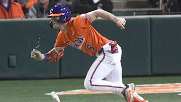 Clemson outfielder Dominic Listi (6) bats against South Carolina during the bottom of the fourth inning at Doug Kingsmore Stadium in Clemson, S.C. Friday, February 28, 2025.