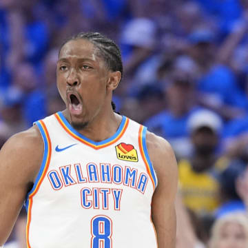 Jun 16, 2025; Oklahoma City, Oklahoma, USA; Oklahoma City Thunder forward Jalen Williams (8) reacts during the fourth quarter of game five of the 2025 NBA Finals against the Indiana Pacers at Paycom Center. Mandatory Credit: Kyle Terada-Imagn Images