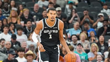 Oct 27, 2025; San Antonio, Texas, USA;  San Antonio Spurs forward/center Victor Wembanyama (1) dribbles up the court in the first half against the Toronto Raptors at Frost Bank Center. Mandatory Credit: Daniel Dunn-Imagn Images