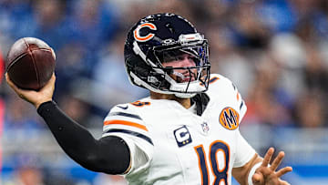 Chicago Bears quarterback Caleb Williams (18) makes a pass against Chicago Bears during the first half at Ford Field in Detroit on Sunday, Sept. 14, 2025.