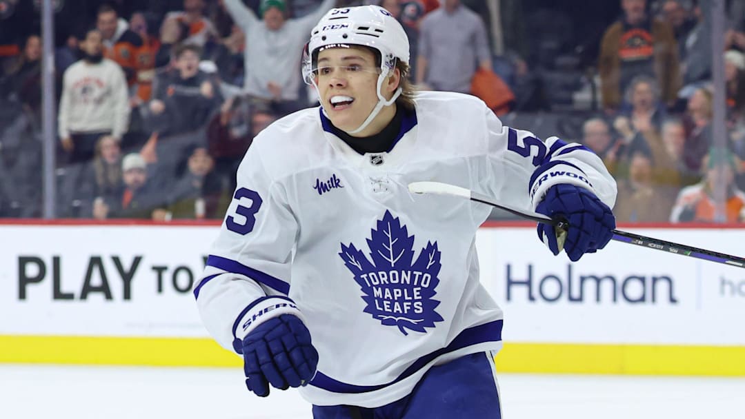 Jan 8, 2026; Philadelphia, Pennsylvania, USA; Toronto Maple Leafs right wing Easton Cowan (53) reacts after scoring the game winning goal against the Philadelphia Flyers during overtime at Xfinity Mobile Arena. Mandatory Credit: Bill Streicher-Imagn Images