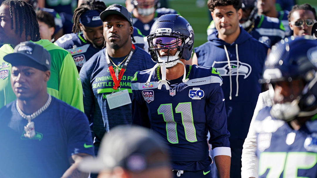 Feb 8, 2026; Santa Clara, CA, USA; Seattle Seahawks wide receiver Jaxon Smith-Njigba (11) warms up before the game against the New England Patriots in Super Bowl LX at Levi's Stadium. 