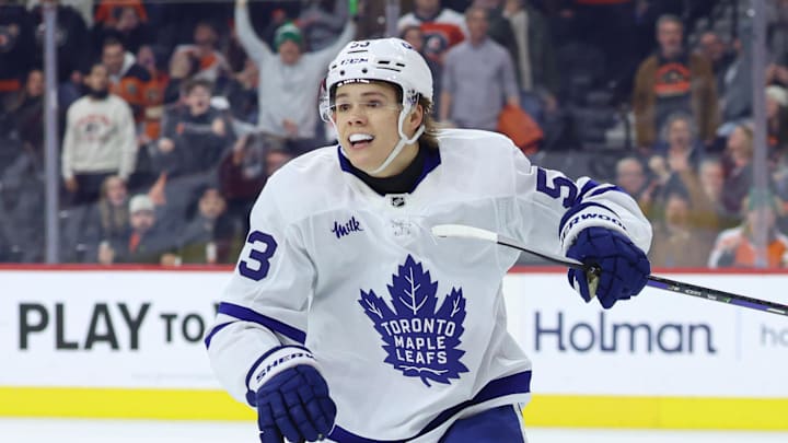 Jan 8, 2026; Philadelphia, Pennsylvania, USA; Toronto Maple Leafs right wing Easton Cowan (53) reacts after scoring the game winning goal against the Philadelphia Flyers during overtime at Xfinity Mobile Arena. Mandatory Credit: Bill Streicher-Imagn Images