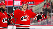 Nov 17, 2024; Raleigh, North Carolina, USA;  Carolina Hurricanes center Martin Necas (88) celebrates his goal against the St. Louis Blues during the third period at Lenovo Center. Mandatory Credit: James Guillory-Imagn Images