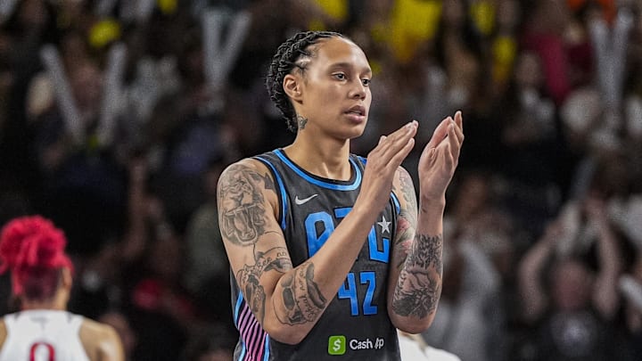 Jun 20, 2025; College Park, Georgia, USA; Atlanta Dream center Brittney Griner (42) react after the Dream defeated the Washington Mystics at Gateway Center Arena at College Park. Mandatory Credit: Dale Zanine-Imagn Images