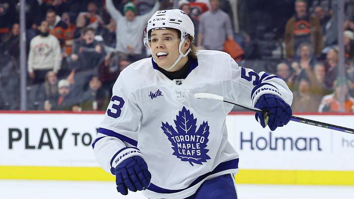 Jan 8, 2026; Philadelphia, Pennsylvania, USA; Toronto Maple Leafs right wing Easton Cowan (53) reacts after scoring the game winning goal against the Philadelphia Flyers during overtime at Xfinity Mobile Arena. Mandatory Credit: Bill Streicher-Imagn Images
