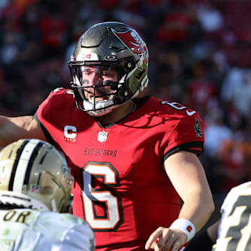 Dec 31, 2023; Tampa, Florida, USA; Tampa Bay Buccaneers quarterback Baker Mayfield (6) throws the ball against the New Orleans Saints during the second half at Raymond James Stadium. Mandatory Credit: Kim Klement Neitzel-Imagn Images