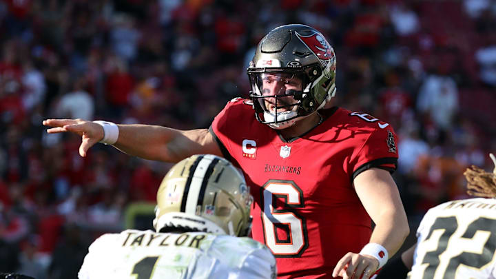 Dec 31, 2023; Tampa, Florida, USA; Tampa Bay Buccaneers quarterback Baker Mayfield (6) throws the ball against the New Orleans Saints during the second half at Raymond James Stadium. Mandatory Credit: Kim Klement Neitzel-Imagn Images