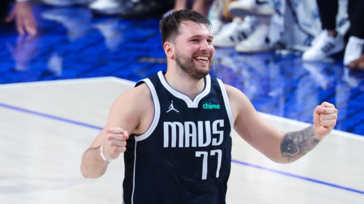 Jun 14, 2024; Dallas, Texas, USA; Dallas Mavericks guard Luka Doncic (77) reacts during the game against the Boston Celtics during game four of the 2024 NBA Finals at American Airlines Center. Mandatory Credit: Kevin Jairaj-USA TODAY Sports