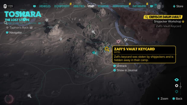 Star Wars Outlaws screenshot, showing in-game map of Zafi's Vault Keycard location.