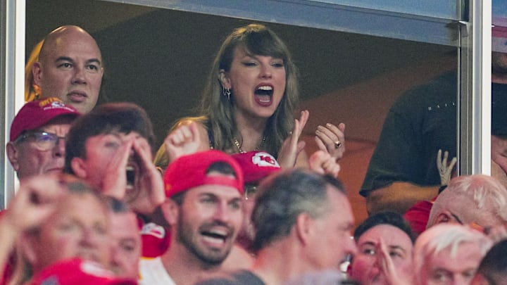 Sep 5, 2024; Kansas City, Missouri, USA; Recording artist Taylor Swift watches the action during the first half of a game between the Baltimore Ravens and the Kansas City Chiefs at GEHA Field at Arrowhead Stadium. Mandatory Credit: Jay Biggerstaff-Imagn Images