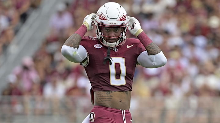 Sep 20, 2025; Tallahassee, Florida, USA; Florida State Seminoles defensive back Earl Little Jr. (0) during the first half of the game against the Kent State Golden Flashes at Doak S. Campbell Stadium. Mandatory Credit: Melina Myers-Imagn Images