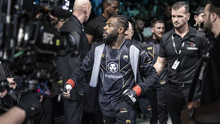 Oct 22, 2022; Abu Dhabi, UAE; Aljamain Sterling (red gloves) before his fight against T.J. Dillashaw