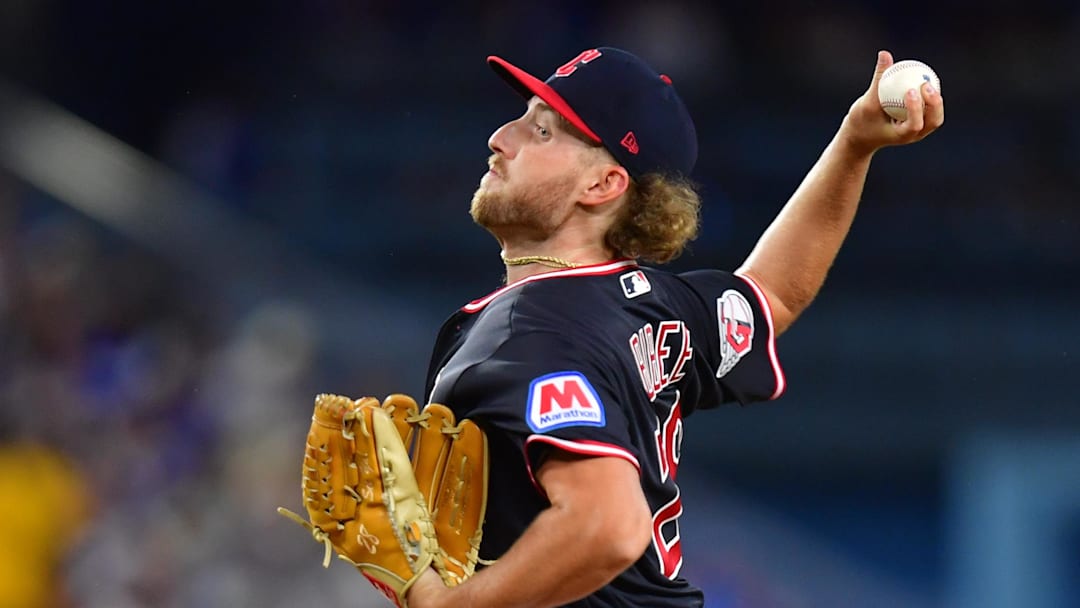 Mar 31, 2026; Los Angeles, California, USA;  Cleveland Guardians pitcher Tanner Bibee (28) throws to the plate during the first inning against the Los Angeles Dodgers at Dodger Stadium. Mandatory Credit: Gary A. Vasquez-Imagn Images