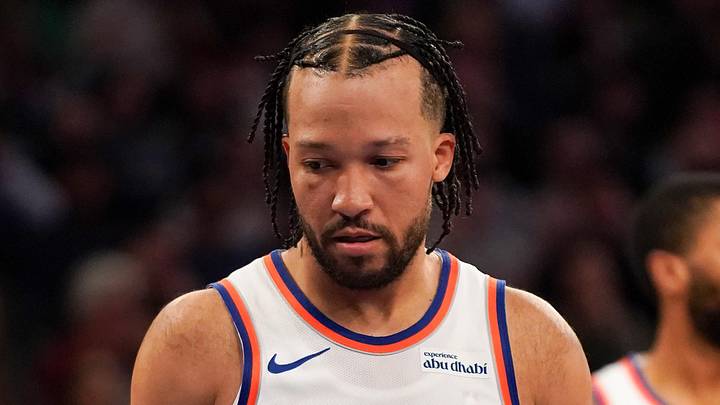 Apr 9, 2026; New York, New York, USA; New York Knicks guard Jalen Brunson (11) reacts during the fourth quarter against the Boston Celtics at Madison Square Garden. Mandatory Credit: Lucas Boland-Imagn Images