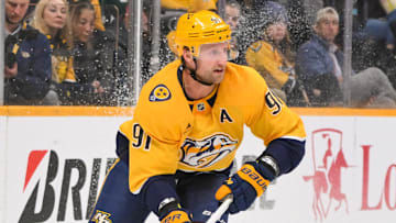 Nov 6, 2025; Nashville, Tennessee, USA;  Nashville Predators center Steven Stamkos (91) skates behind the net against the Philadelphia Flyers during the first period at Bridgestone Arena. Mandatory Credit: Steve Roberts-Imagn Images