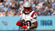Oct 19, 2025; Nashville, Tennessee, USA;  New England Patriots running back Rhamondre Stevenson (38) runs with the ball after a made catch against the Tennessee Titans during the second half at Nissan Stadium. Mandatory Credit: Steve Roberts-Imagn Images