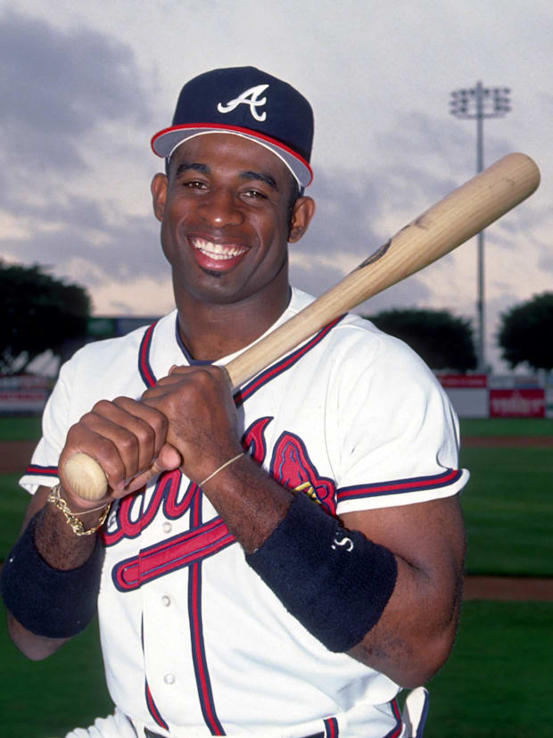 Mar 1992; West Pam Beach, FL, USA; FILE PHOTO; Atlanta Braves outfielder DEION SANDERS in a spring training portrait at West 