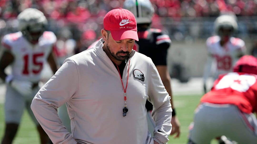 Ohio State Buckeye head coach Ryan Day looks away from the field of play after a dropped pass in the 2nd half during the spring game at Ohio Stadium on April 12, 2025.