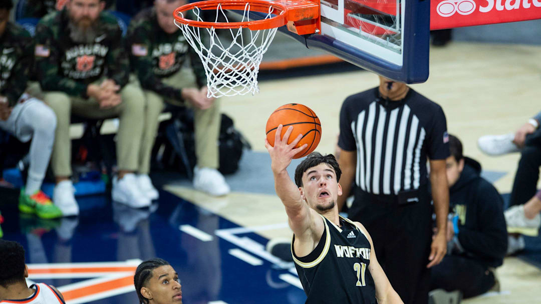 Wofford Terriers guard Nils Machowski (21) goes up for a layup as Auburn Tigers take on Wofford Terriers at Neville Arena in Auburn, Ala. on Tuesday, Nov. 11, 2025.