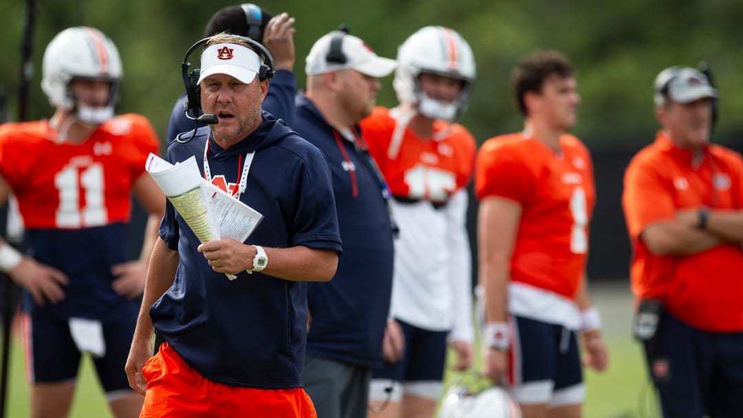 Auburn Tigers head coach Hugh Freeze during practice at Woltosz Football Performance Center in Auburn, Ala., on Tuesday, April 2, 2024.