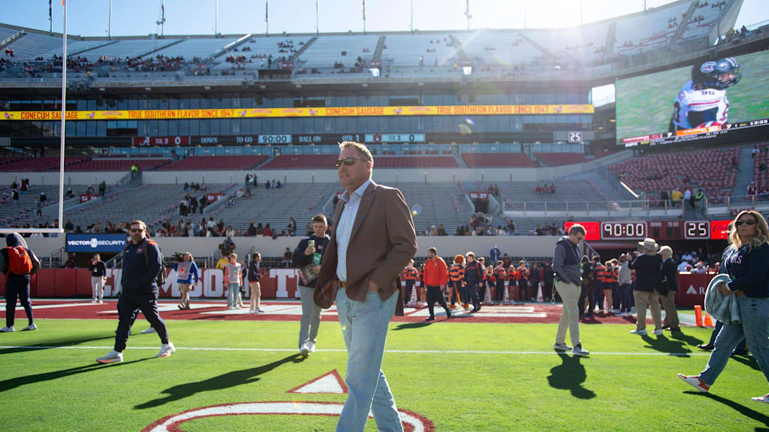 Auburn Tigers head coach Hugh Freeze takes the field as his team arrives as Auburn Tigers take on Alabama Crimson Tide at Bryant-Denny Stadium in Tuscaloosa, Ala., on Saturday, Nov. 30, 2024.