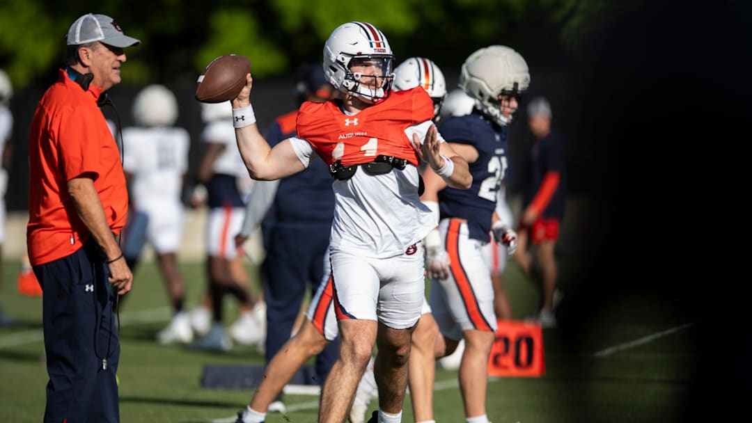 Auburn Tigers quarterback Jackson Arnold (11) throws the ball during football practice at Woltosz Football Performance Center in Auburn, Ala., on Thursday, April 10, 2025.
