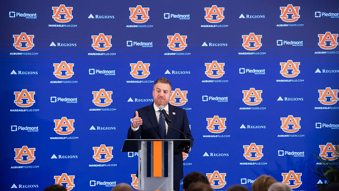 Auburn football head coach Alex Golesh speaks during his introductory press conference at Jordan-Hare Stadium in Auburn, Ala. on Monday, Dec. 1, 2025.