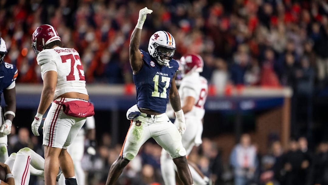 Auburn Tigers linebacker Xavier Atkins (17) celebrates his sack as Auburn Tigers take on Alabama Crimson Tide in the Iron Bowl at Jordan-Hare Stadium in Auburn, Ala. on Saturday, Nov. 29, 2025. Alabama Crimson Tide defeated Auburn Tigers 27-20.
