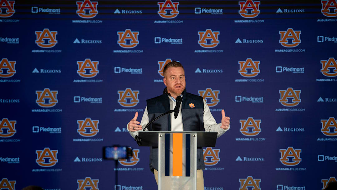 Auburn Tigers football head coach Alex Golesh speaks during a press conference at Woltosz Performance Center in Auburn, Ala. on Monday, Dec. 8, 2025.
