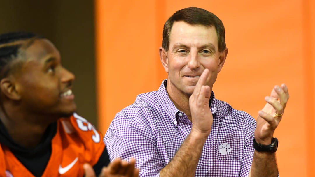Clemson head coach Dabo Swinney during the Clemson Club football National Signing Day wrap up presented by Clemson Seneca Chick-Fil-A at the Poe Indoor Practice Facility at Clemson University in Clemson, S.C. Feb 5, 2025.