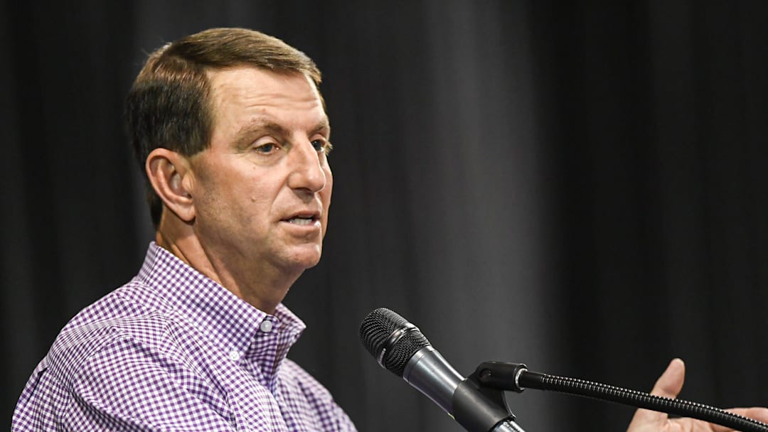 Clemson head coach Dabo Swinney speaks during the Clemson Club football National Signing Day wrap up presented by Clemson Seneca Chick-Fil-A at the Poe Indoor Practice Facility at Clemson University in Clemson, S.C. Feb 5, 2025.