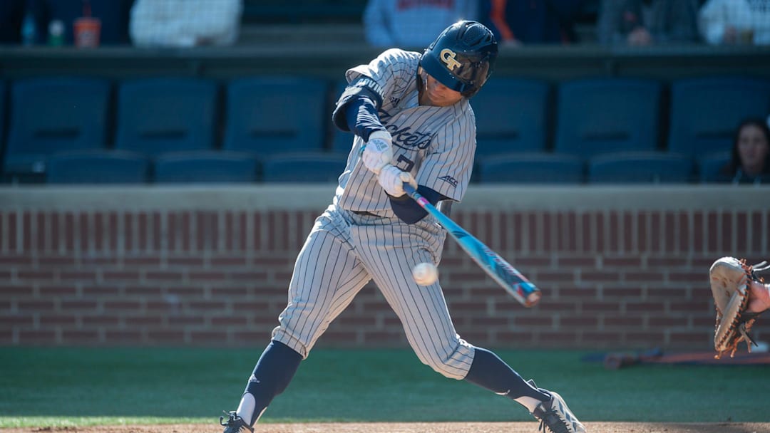 Georgia Tech Yellow Jackets’ Jarren Advincula (2) swings at the ball as Auburn Tigers take on Georgia Tech Yellow Jackets at Plainsman Park in Auburn, Ala. on Tuesday, March 17, 2026.