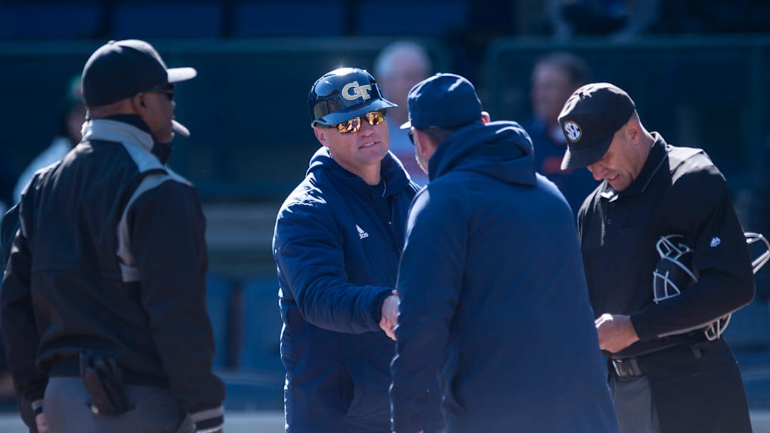 Georgia Tech Yellow Jackets head coach James Ramsey and Auburn Tigers head coach Butch Thompson shake hands before the game as Auburn Tigers take on Georgia Tech Yellow Jackets at Plainsman Park in Auburn, Ala. on Tuesday, March 17, 2026.