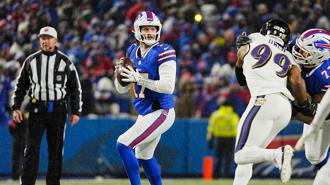 Buffalo Bills quarterback Josh Allen gets ready to throw a pass during first half action against the Baltimore Ravens.