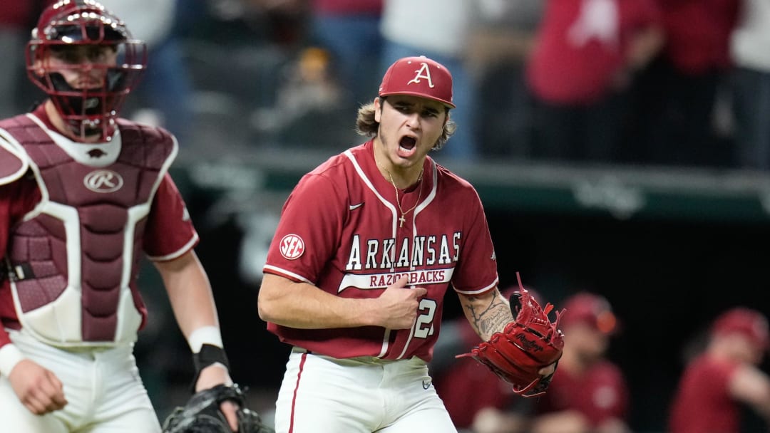 Former Lewisburg Patriots star and current Arkansas pitcher Brady Tygart reacts after the final out of the game against Texas on Feb 17, 2023 at Globe Life Field in Arlington, Texas.