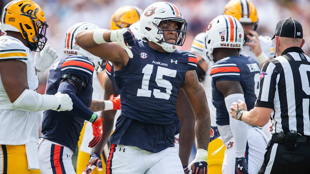 Auburn Tigers defensive lineman Keldric Faulk (15) celebrates a stop as Auburn Tigers take on California Golden Bears at Jordan-Hare Stadium in Auburn, Ala., on Saturday, Sept. 7, 2024.