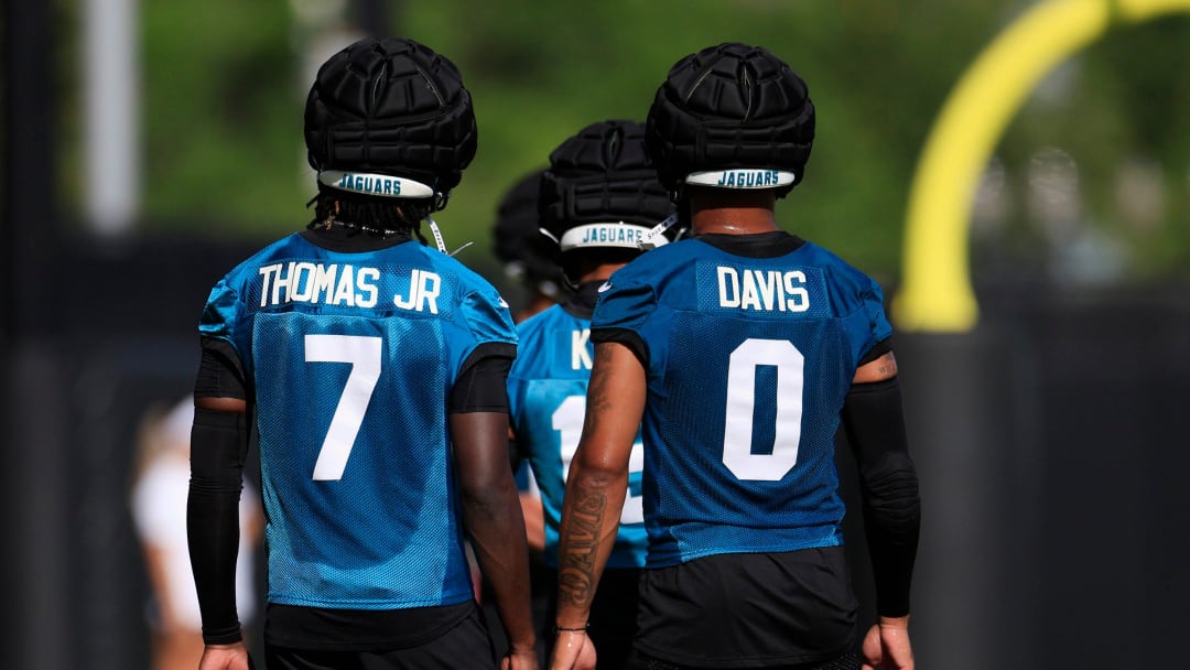 Jacksonville Jaguars wide receiver Brian Thomas Jr. (7), wide receiver Gabe Davis (0) and wide receiver Christian Kirk (13) look on during the first day of an NFL football training camp practice Wednesday, July 24, 2024 at EverBank Stadium’s Miller Electric Center in Jacksonville, Fla.